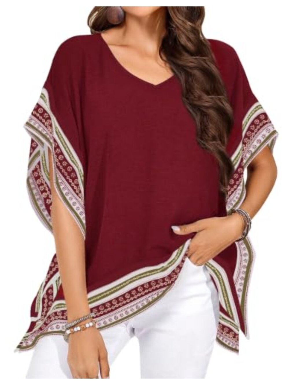 Falechay Womens Batwing Short Sleeve V Neck Floral Flowy Boho Top